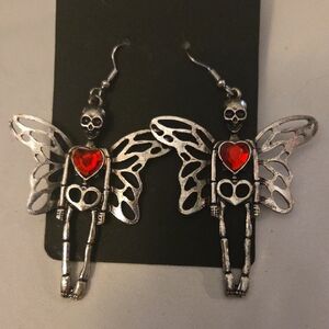 Silver Skeleton Earrings with with Wings & Red Heart Gem
